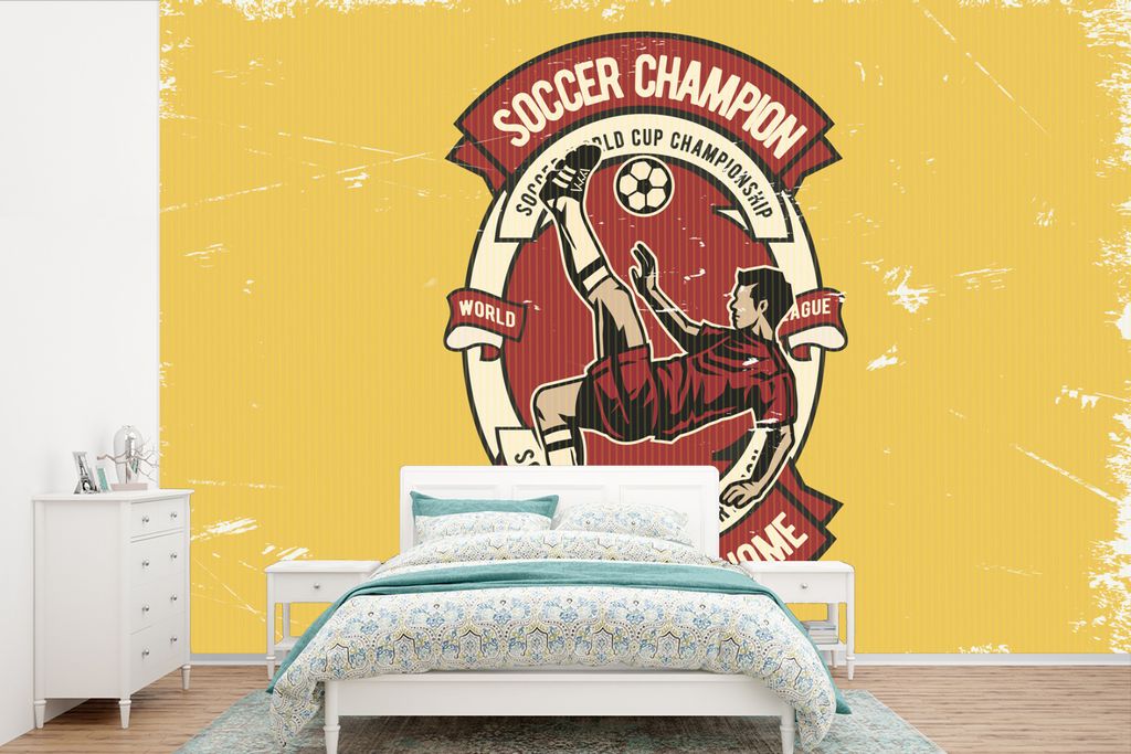 MuchoWow Fototapete für Wohnzimmer oder Schlafzimmer Wandtapete Vinyl Motivtapete Fußball - Ball - Mann - Vintage - 450x300 cm - Gemusterte
