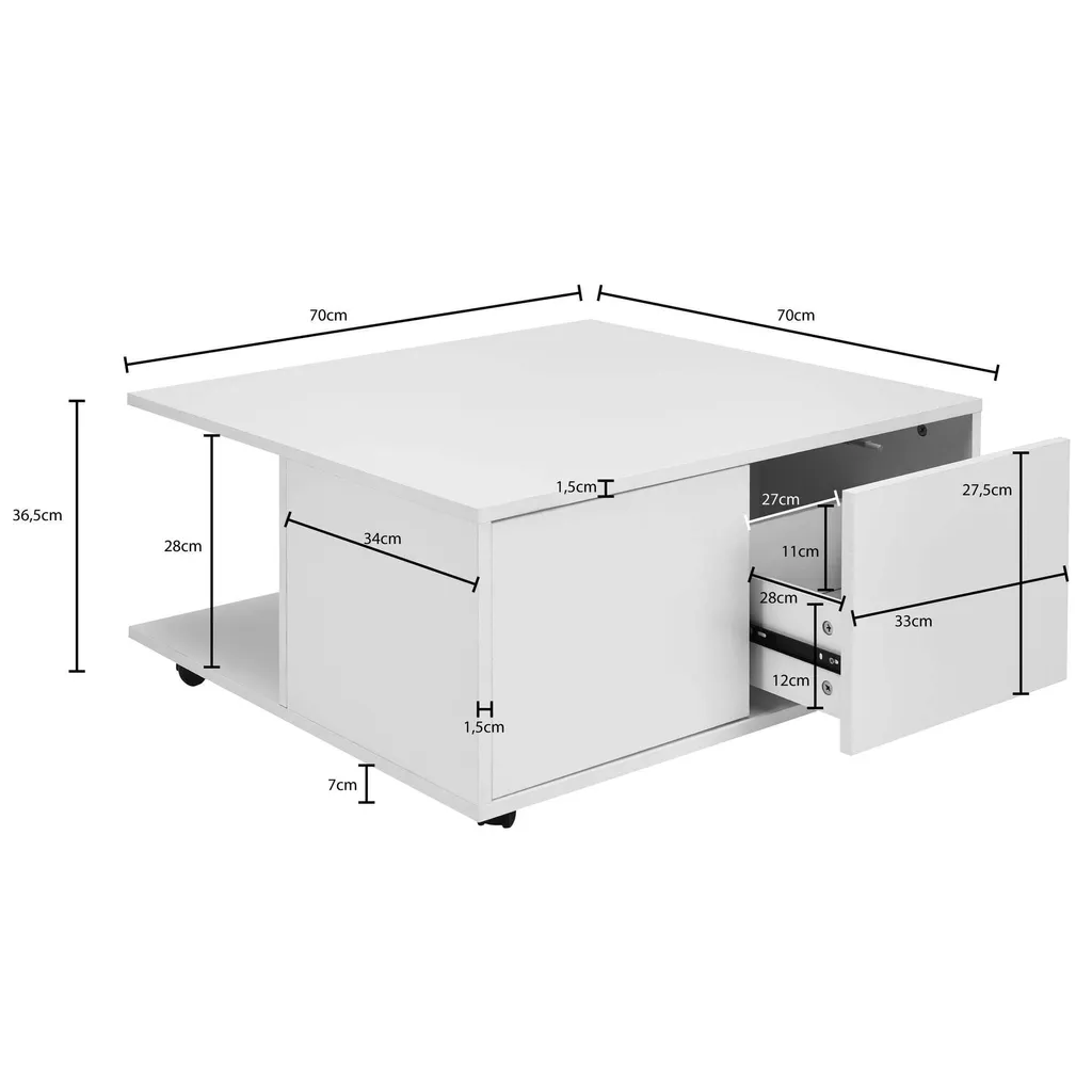Table Basse à Roulettes Blanche 70 cm avec Double Tiroir et Compartiments