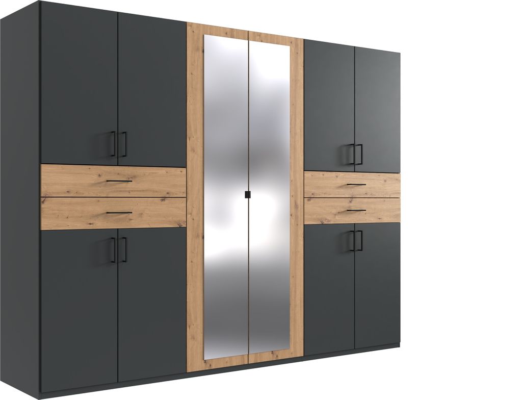 Drehtürenschrank >Taiga< 4 Schübe, 10 Türen, Graphit / Artisan Eiche Nachbildung - 270x208x58cm BxHxT