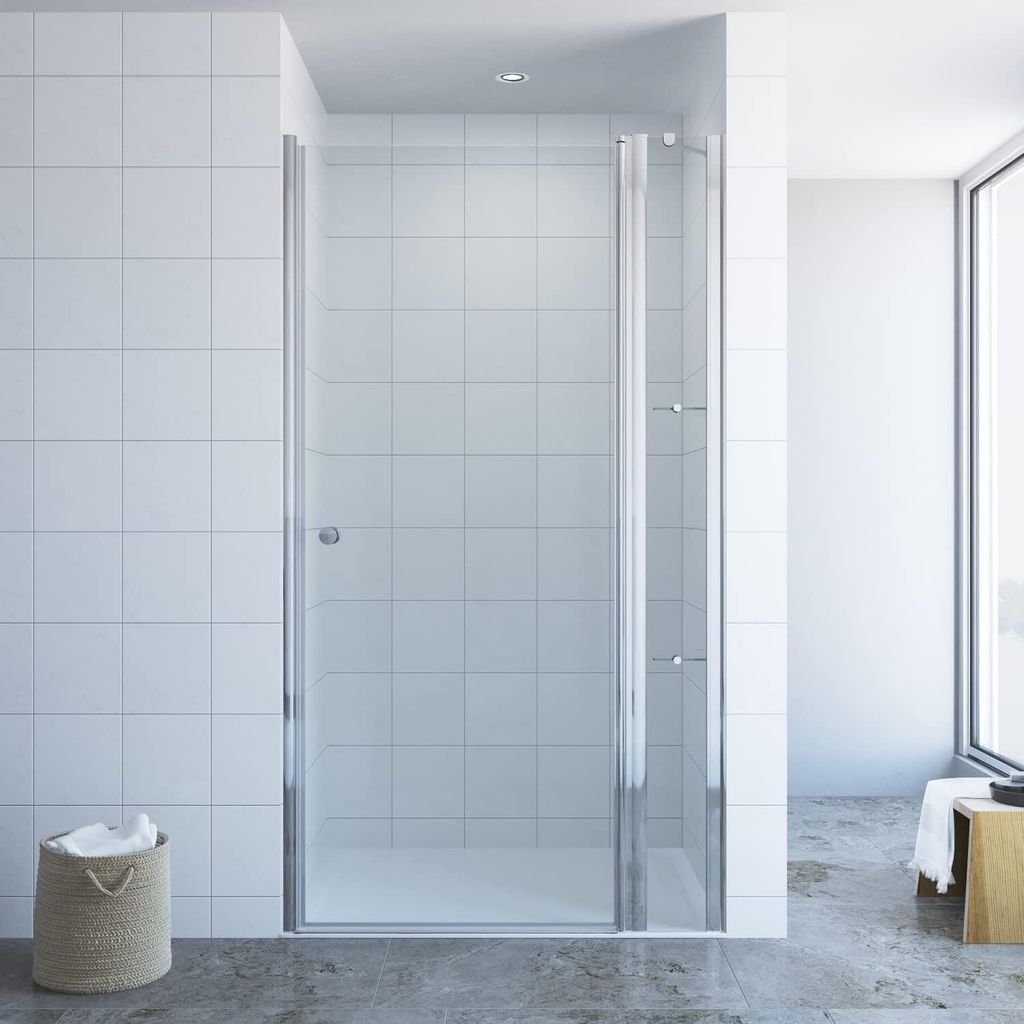 Nischentür Dusche mit Duschtür Drehtür und Festteil, 6 mm ESG Echtglas mit Nano Beschichtung, Acryl- Eckregalen, 105 x197 cm,Wandausgleich 30mm