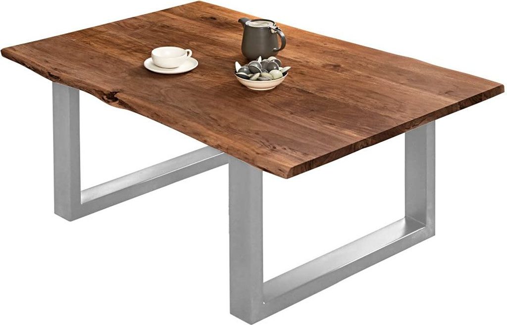 Couchtisch 140 x 75 cm Billy, echte Baumkante, Akazienholz nussbaumfarben, massiver Sofatisch, U-Metallgestell Silber