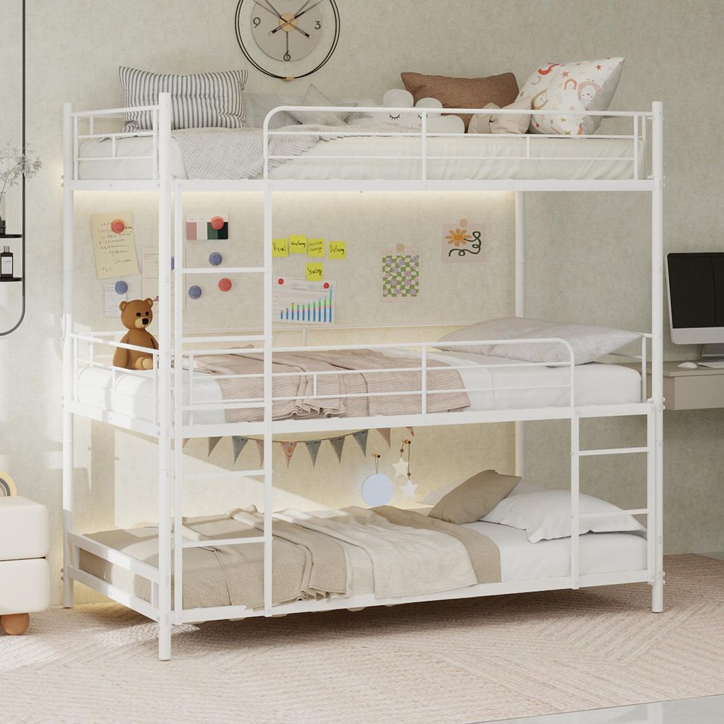 MODFU Kinderbett 90x190 Etagenbett mit Geländer,Bettrahmen Metall Jugendbett integrierte Leitern Schlafzimmer,mit Drei Matratze,Weiß