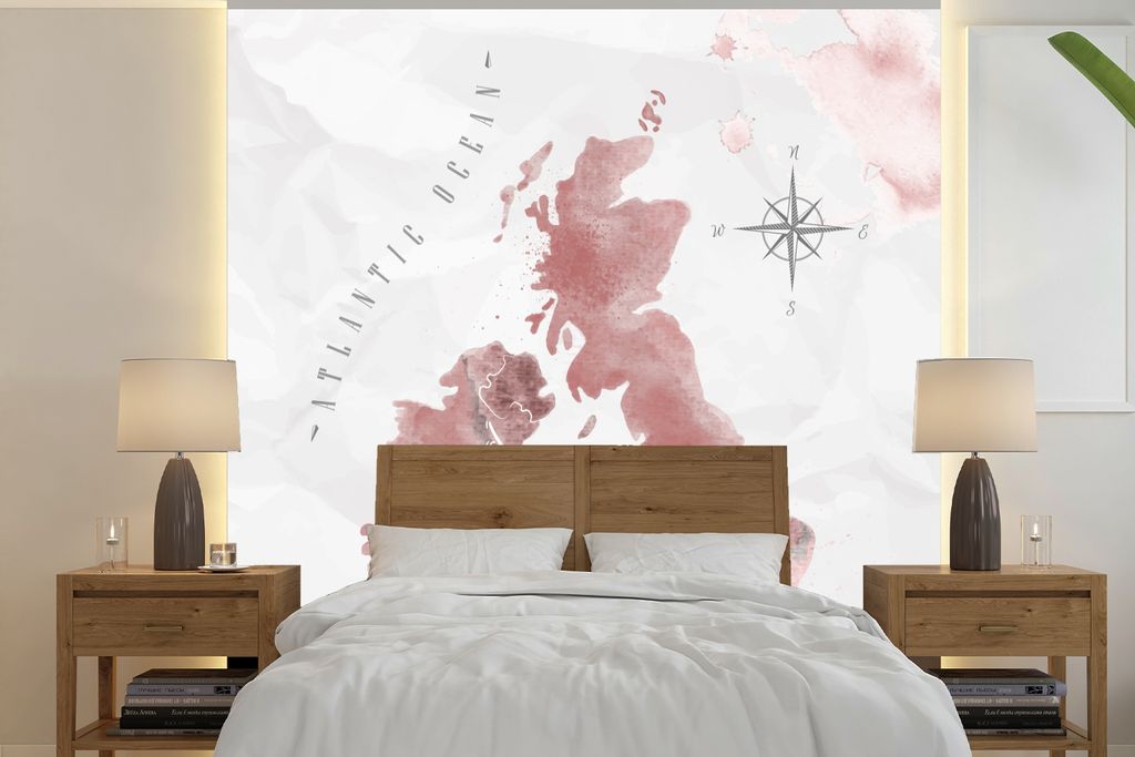 MuchoWow Fototapete für Wohnzimmer oder Schlafzimmer Wandtapete Vinyl Motivtapete Karte - England - Aquarell - 220x220 cm - Tapeten