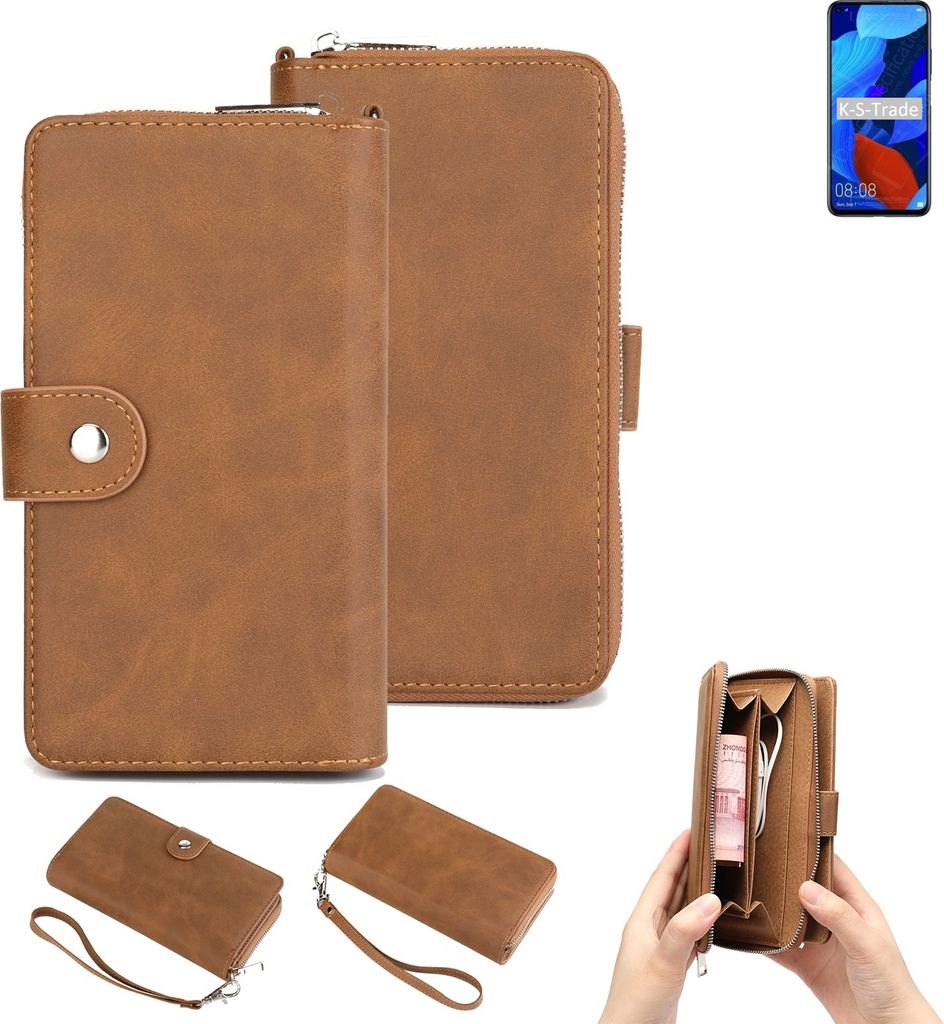 K-S-Trade Handyhülle Schutzhülle kompatibel mit Huawei nova 5T & Portemonnee Tasche Handytasche Case Etui Geldbörse Wallet braun (1x)