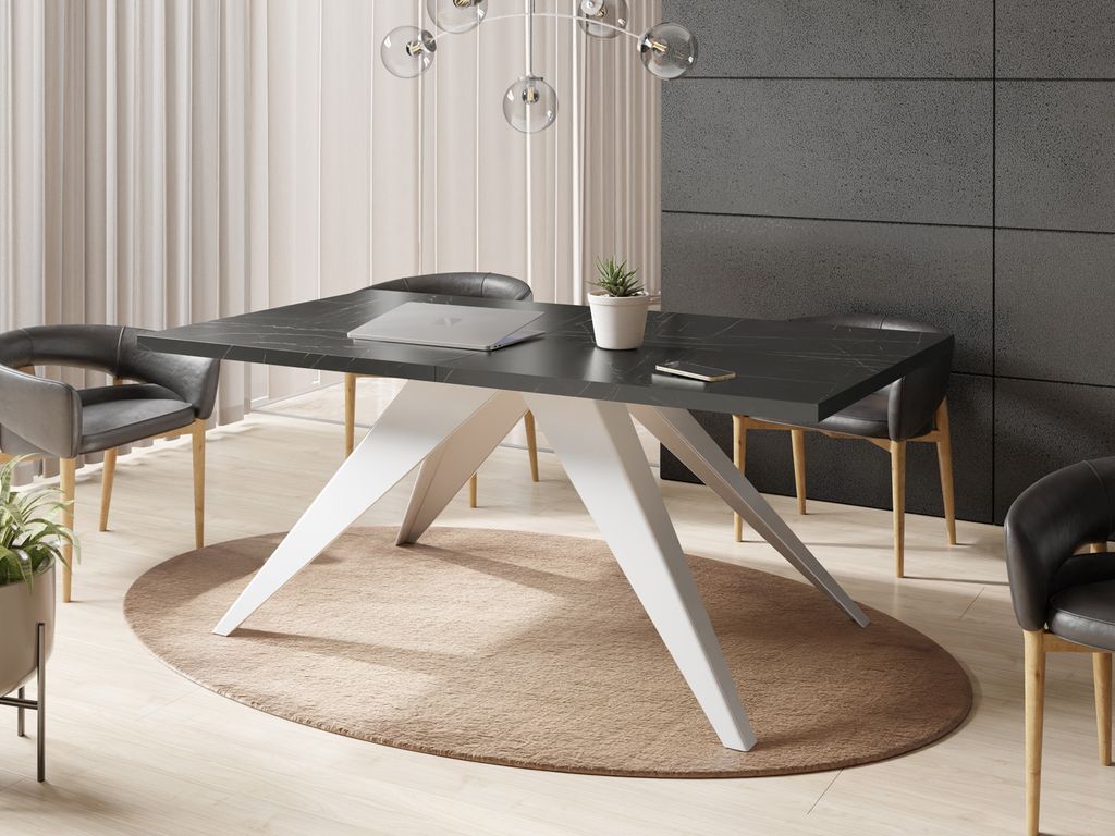 Esstisch Venus im Modern Still, Rechteckig Tisch in Schwarzer Marmoroptik - Ausziehbar von 140 cm bis 240 cm, Pulverbeschichtete Weiße Metallbeine...