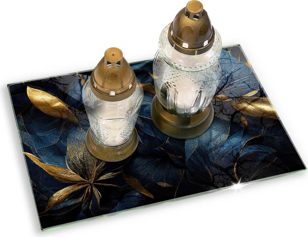 Grabkerze Untersetzer Glastafel Gummifüße Motiv - 80x52 cm - Dekorative Blätter mit Gold