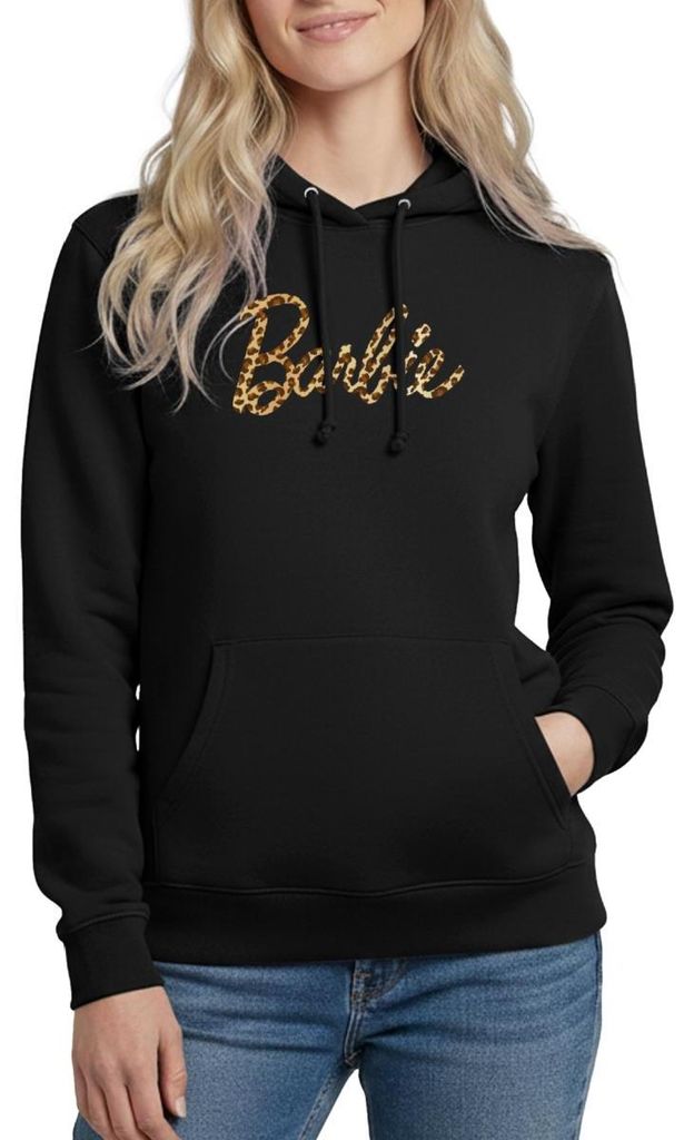 Spreadshirt Barbie Leo-Print Logo Damen Hoodie, XXL, Schwarz