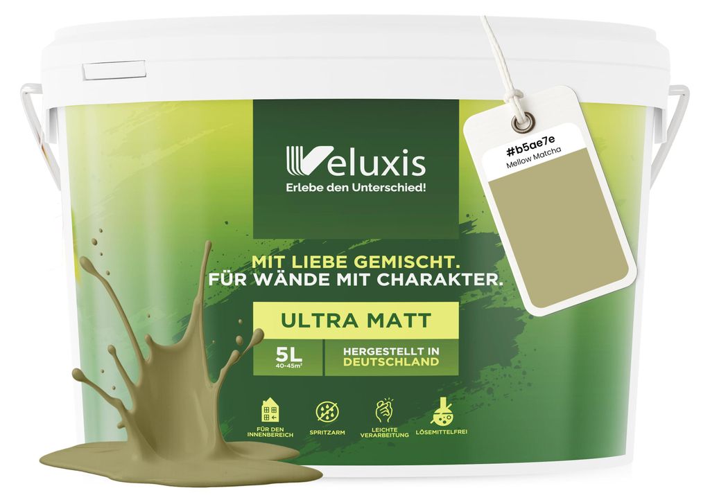 Wandfarbe Grün Beige Gelb Matt Innenfarbe – Deckkraft Klasse 1, VOC-frei, Ohne Grundierung, Tropfarm – Wohnzimmer & Schlafzimmer – 5L – Ve...