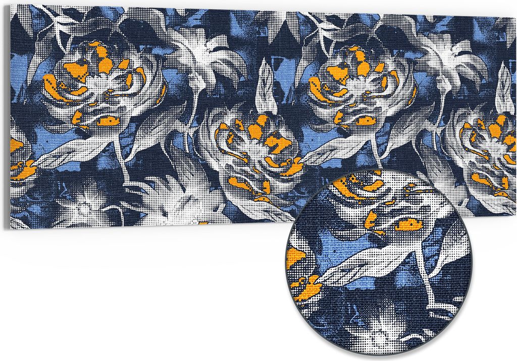 DEQORI Hybrid Leinwand Bild 150x60 cm 'Moderne Blütenkontraste' Wandbild Glas flach modern