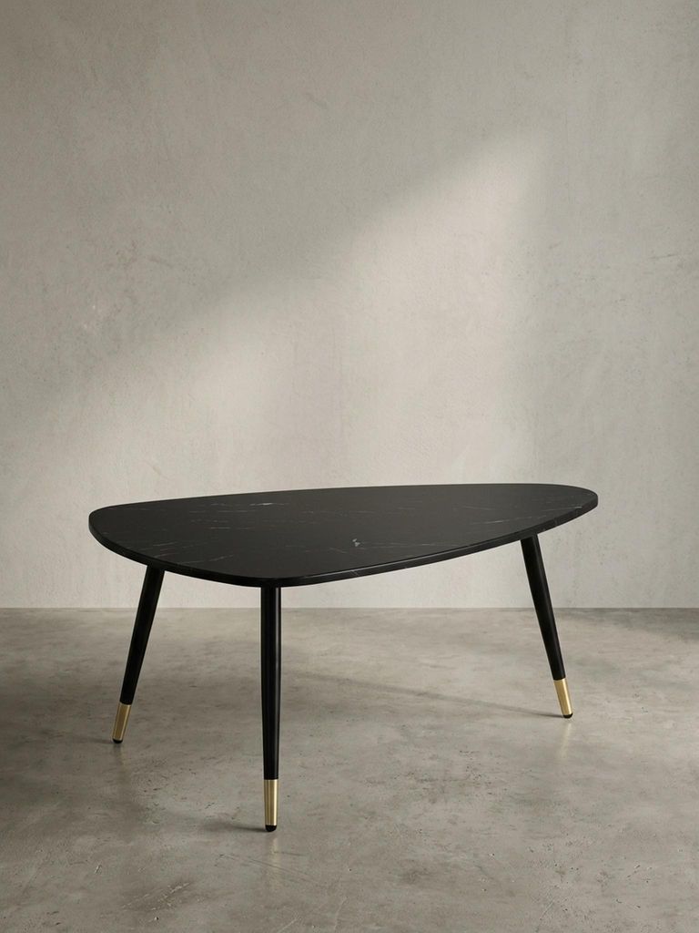 Couchtisch 90x60x41 cm mit Marmor Optik Schwarz, Dreibein Wohnzimmertisch mit Metall-Gestell, Sofatisch Dreieckig Tisch Wohnzimmer, Beistelltisch