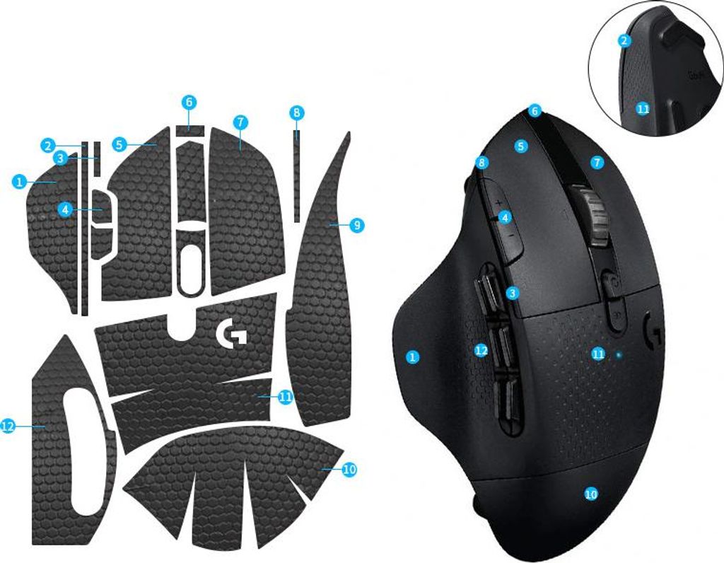 INF Verbesserte Griff-Mausaufkleber für Logitech G604 - Schwarz