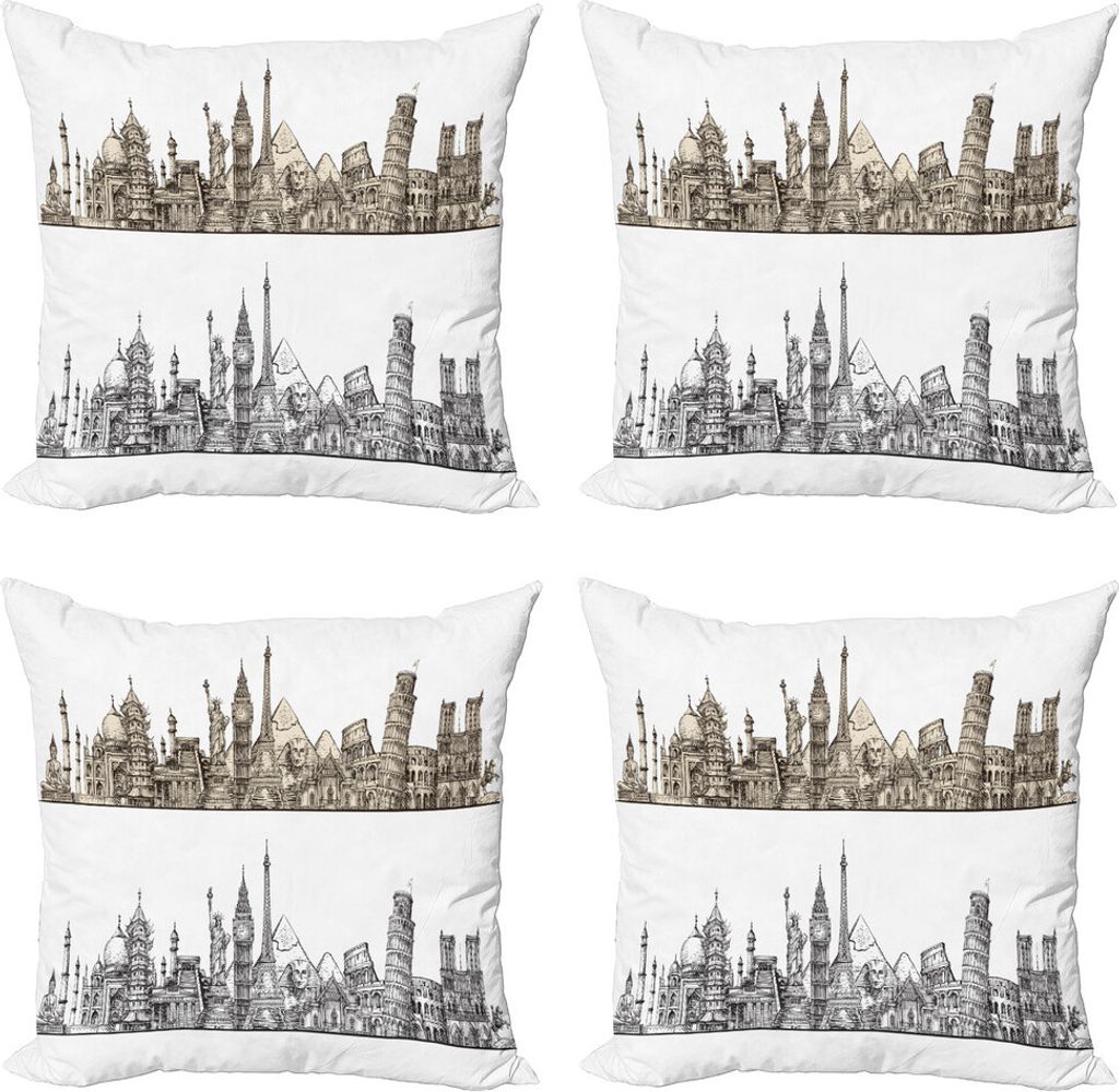 ABAKUHAUS Wahrzeichen Kissenbezug Set (4 Stück), Historisches Denkmal Linien, Moderner Doppelseitiger Digitaldruck, 50 cm x 50 cm, Beige und Grau