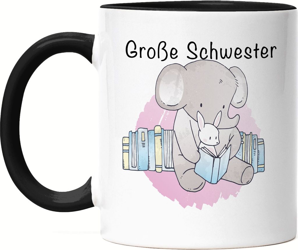 Große Schwester Tasse Schwarz Süßes Motiv Elefant Hase Schwangerschaft Geschenkidee Baby-News