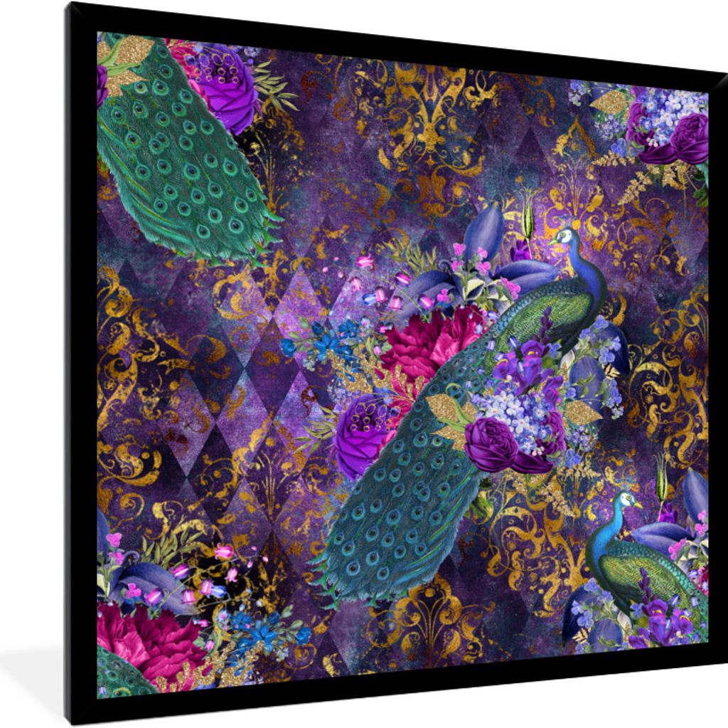 MuchoWow Gerahmtes Poster Muster - Pfau - Violett 40x40 cm - Poster mit Schwarzem Bilderrahmen Wandposter Rahmen Foto Bilder - Mit Rahmen - Wandd...