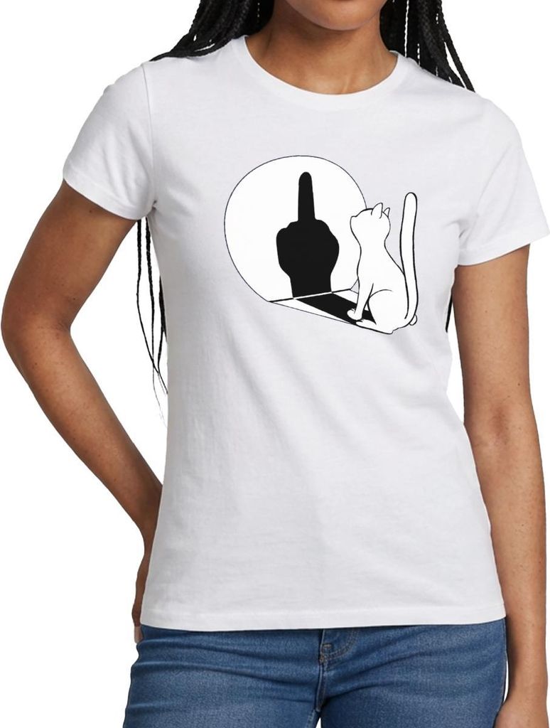 Spreadshirt Schattenspiel Katze Mittelfinger Frauen T-Shirt, XXL, Weiß