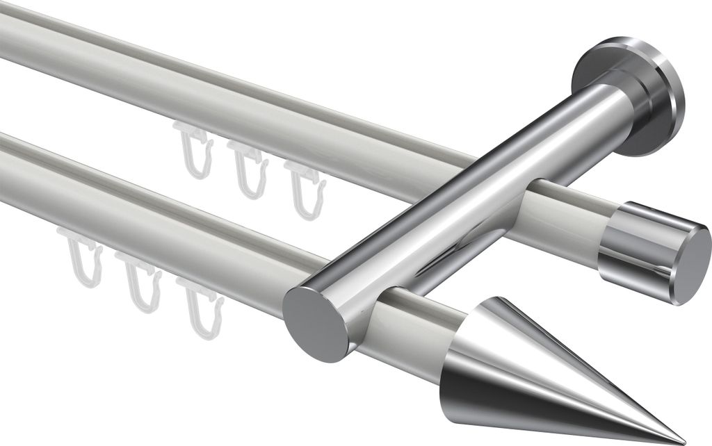 Interdeco Innenlaufstange / Gardinenstange mit Innenlauf Weiß / Chrom, Typ Platon Savio (Kegel), 20 mm Ø 2-läufig, 480 cm