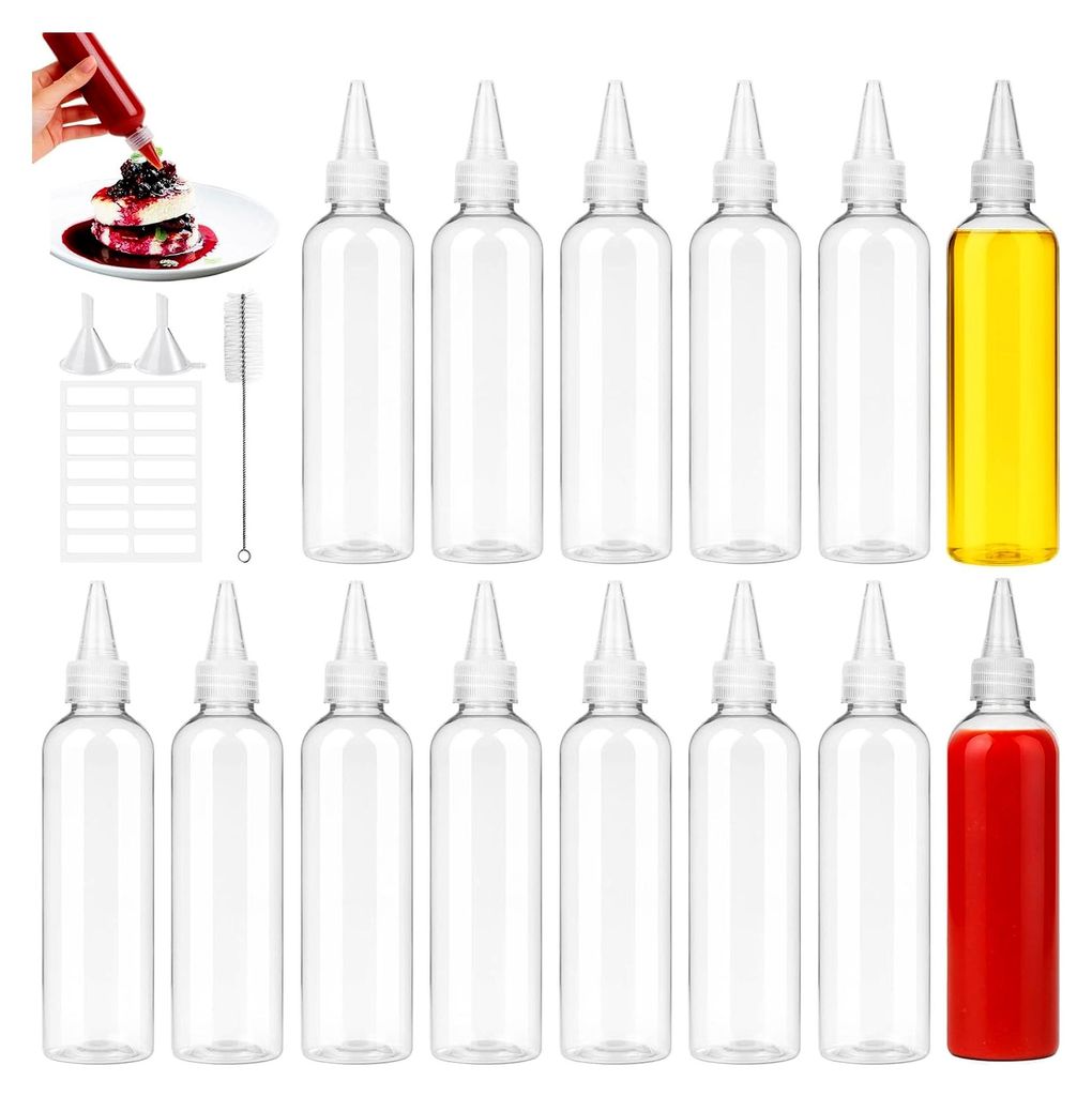 14 Stück Quetschflaschen 120ml, Kunststoffflaschen 4oz, Saucenflaschen mit Deckel, Squeeze Flaschen mit Trichter, Etiketten und Bürste, für Öl,...