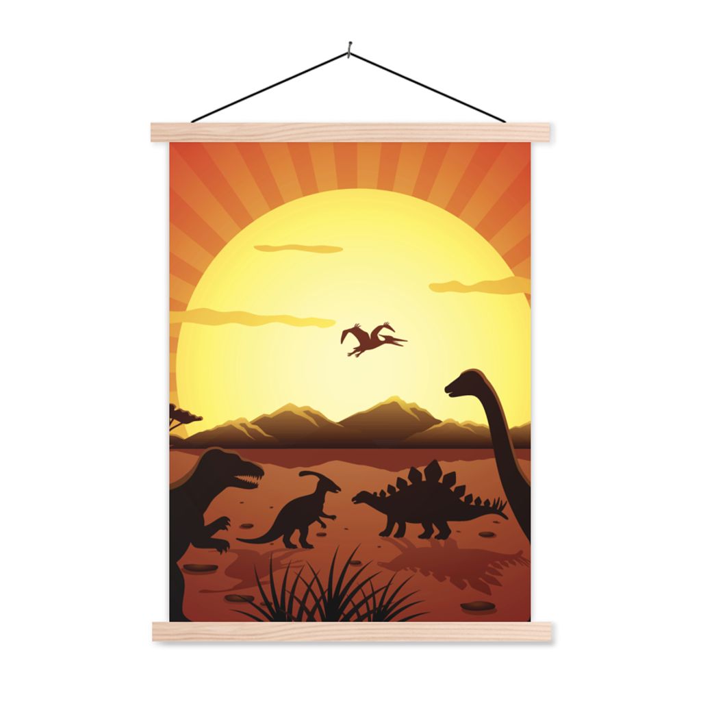 MuchoWow Textilposter Dino - Sonne - Natur - Zeichnung - Kinder - Jungen 120x160 cm mit holzfarbenen Rahmen - Plakatkarton