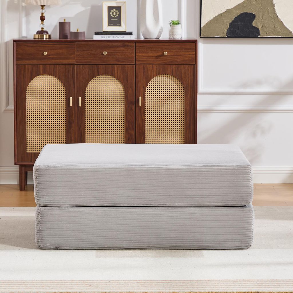 MODFU Fußhocker Sitzhocker mit 2 dicke Schaumstoffblöcke,Polstermöbel für Schlafsofa,Relaxsessel,samt,Hellgrau