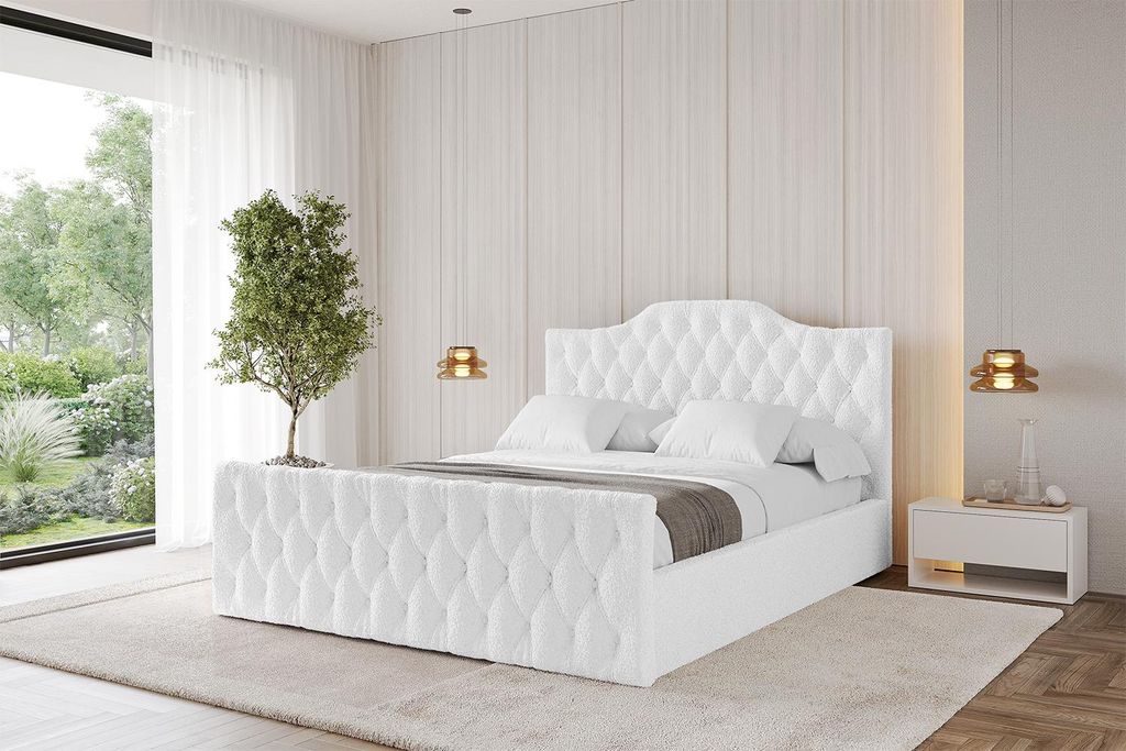 ALTDECOR Polsterbett mit Bettkasten - FALIO-Z - 140x200 Weiß - Bett mit Matratze H3/H4, Kopfteil und Fußteil, Boxbett, Doppelbett mit Stauraum