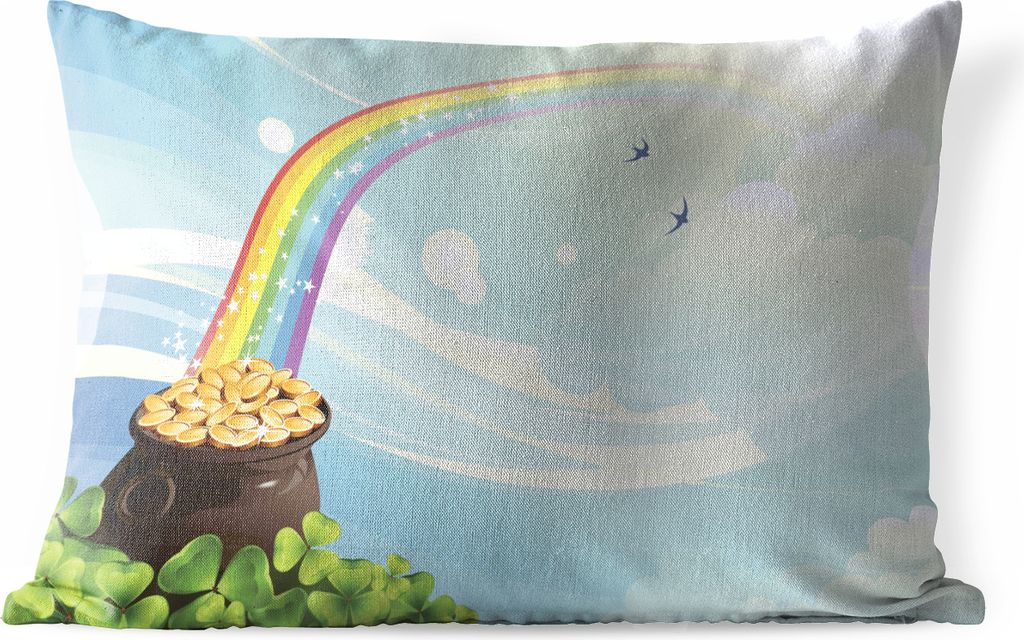 MuchoWow Outdoor Kissen - Eine Illustration eines Regenbogens unter einem bewölkten Himmel - 50x30 cm - Wetterfest - Lounge Kissen - Sofa kissen...