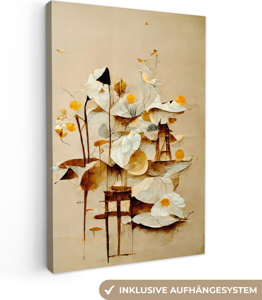 MuchoWow - Leinwandbilder - Blumen - Weiß - Pflanzen - Vintage, Wandbild, Wanddeko Bilder Wohnzimmer, 40x60 cm