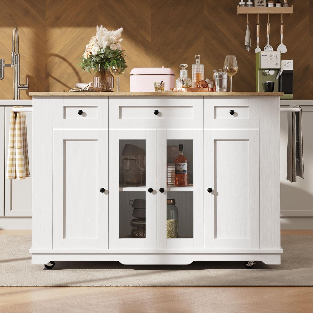 Küchen-/Esszimmer-Set: Kücheninsel, herausnehmbare Trennwände, Schrank, Servierwagen (Arbeitsplatte/Holzoptik), Buffet, weißer Sicherheitsglass...