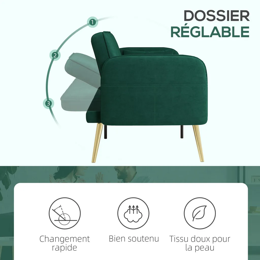 Canapé convertible gain de place : lit d'appoint 2 places velours vert - 7