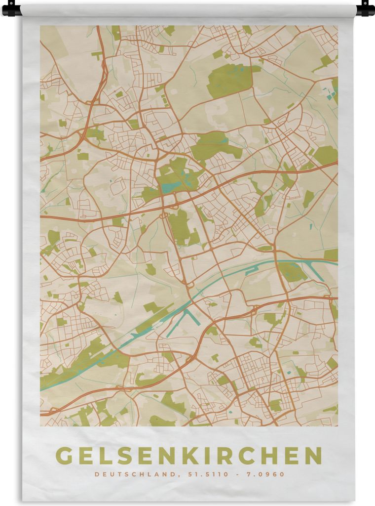 MuchoWow Wandteppich Wandbehang Karte - Gelsenkirchen - Karte - Vintage - Stadtplan 90x135 cm Tapisserie Dekoration Wandtuch - Baumwolle - Wandsk...
