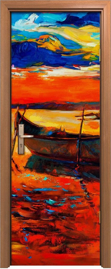 Türposter 70x200 cm Türaufkleber Türtapete Türfolie Klebefolie Sonnenuntergang Malerei Boote und Pier