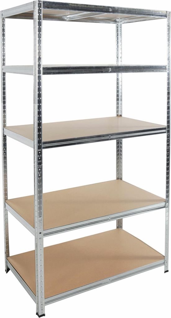 A metal shelving unit with wooden shelves against a white background.