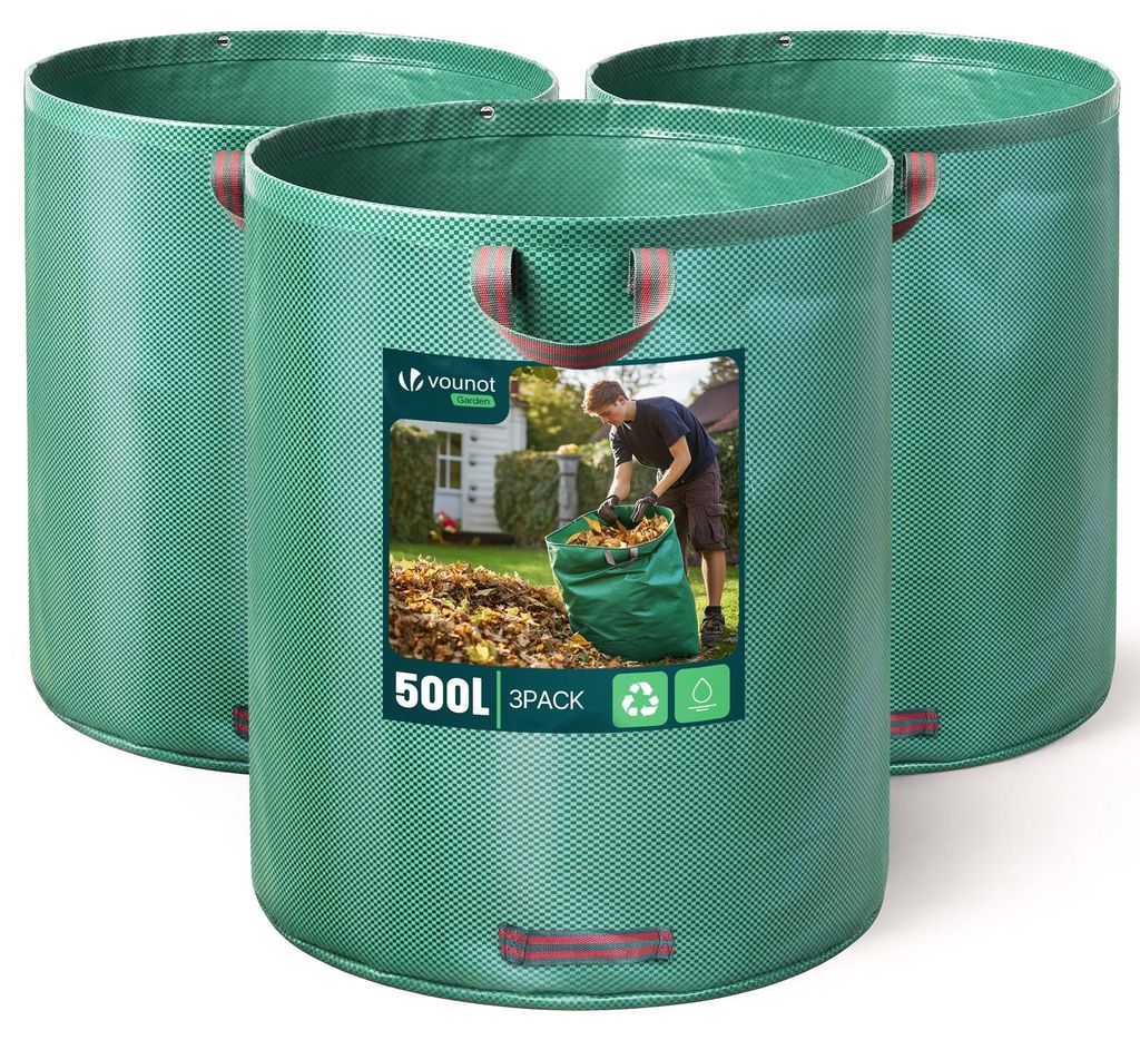 VOUNOT 500 Liter Gartensack Gartenabfallsack mit Griffen, Laubsack für Grünabfall, 3er Set