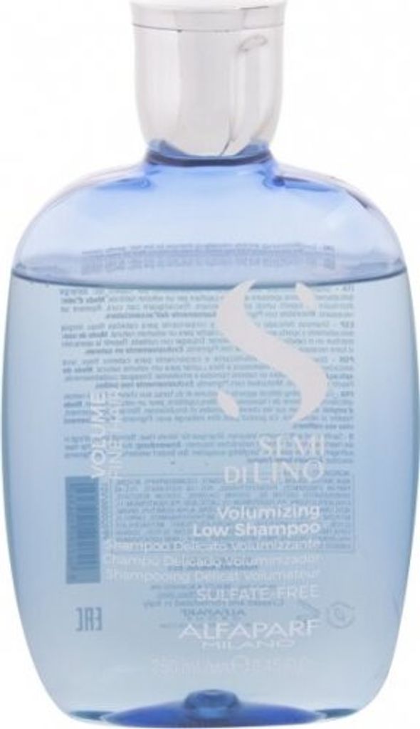 A clear, front-facing studio shot of a bottle of Alfaparf Milano Semi Di Lino Volume Volumizing Low Shampoo.