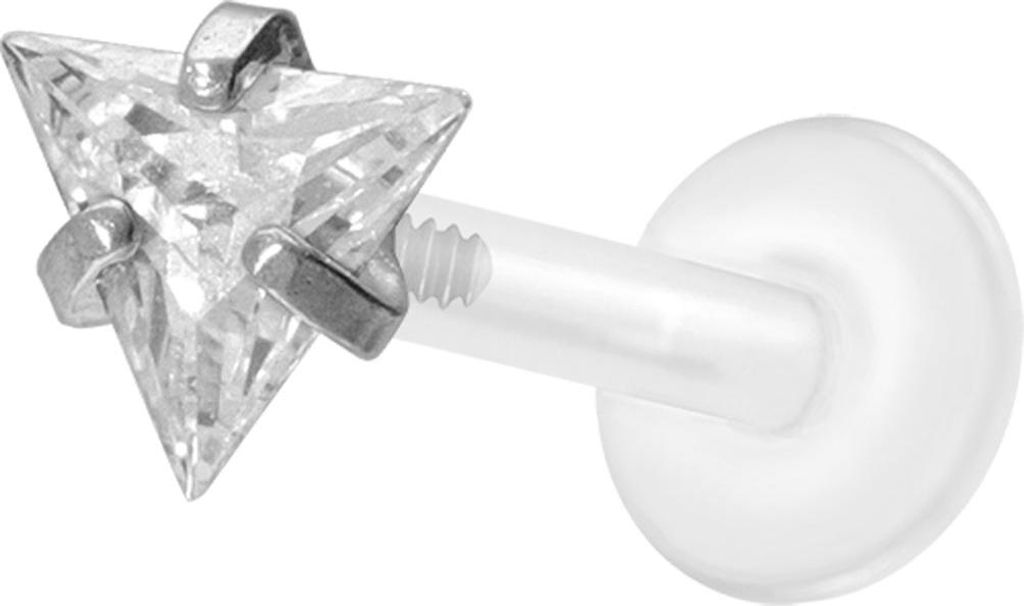 Ohrpiercing, Nasenpiercing PTFE Labret mit Innengewinde + Titan-Aufsatz EINGEFASSTES KRISTALLDREIECK Silber Stablänge: 9mm | Stabstärke: 1,2mm