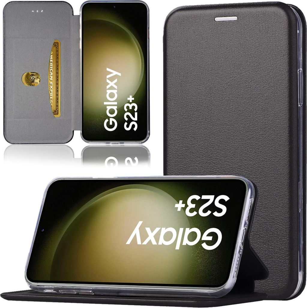A black flip case for a Samsung Galaxy S23 Plus phone is shown, with the phone displaying its screen. The case has a card slot and a stand function.