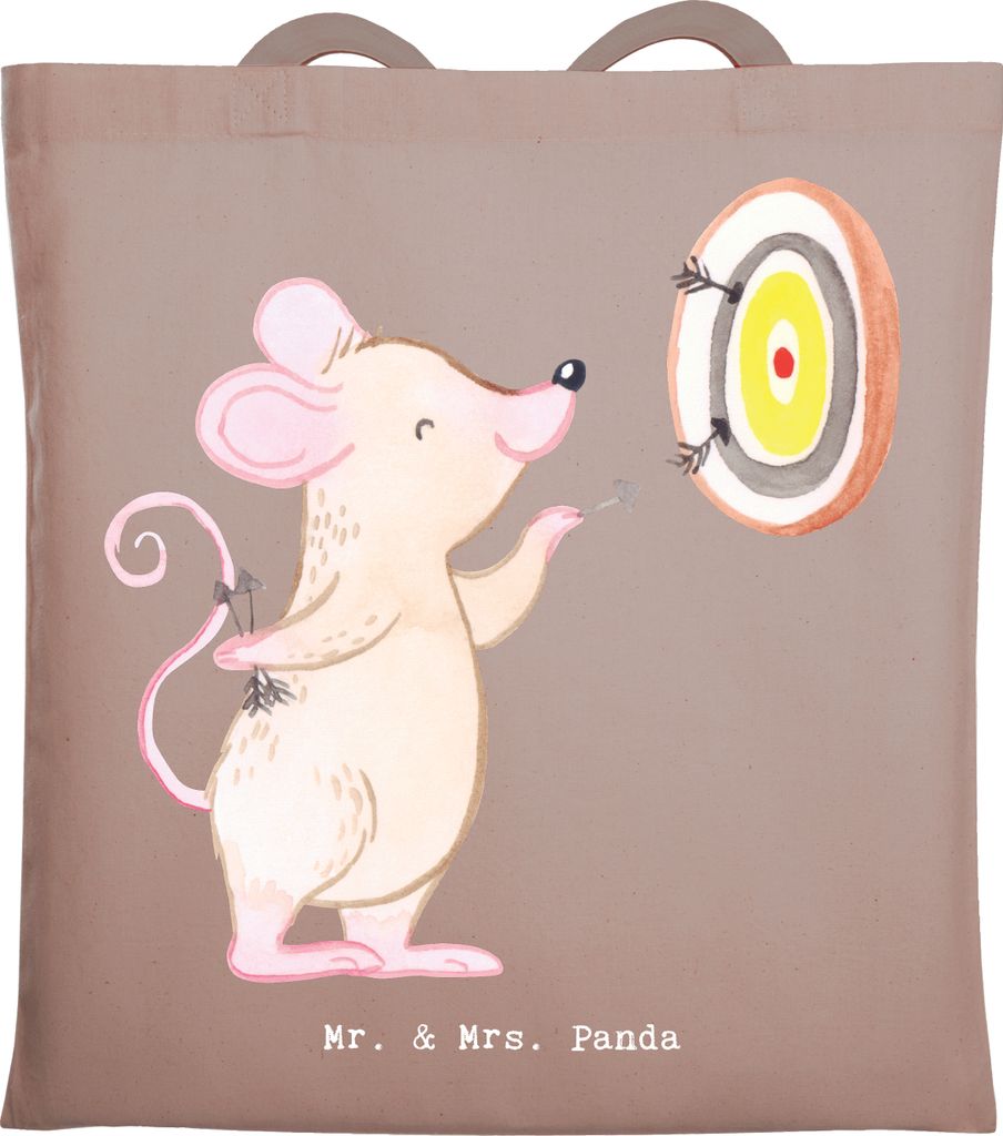 Mr. & Mrs. Panda Beutel Maus Dart spielen - Braun Pastell - Geschenk, Uni Tasche, Jutebeutel, Tote Bag, Schultasche, Darten, Darts, Turnier, Büche...