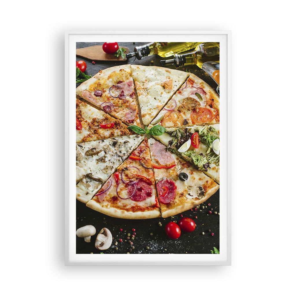 Gerahmtes Poster - Weißer Rahmen - Pizza Käse Tomaten - 70x100 cm - Wand Bild - Wanddeko - Wandbilder - Kunstposter - Wandposter - Bilderrahmen -...