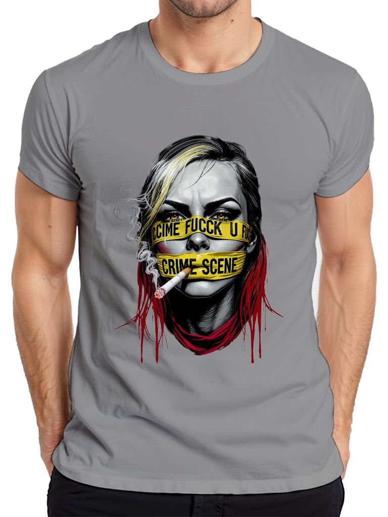 Crime Scene Absperrband Frau Zigarette rotes Haar Gothic Herren T-Shirt, Grau, XL