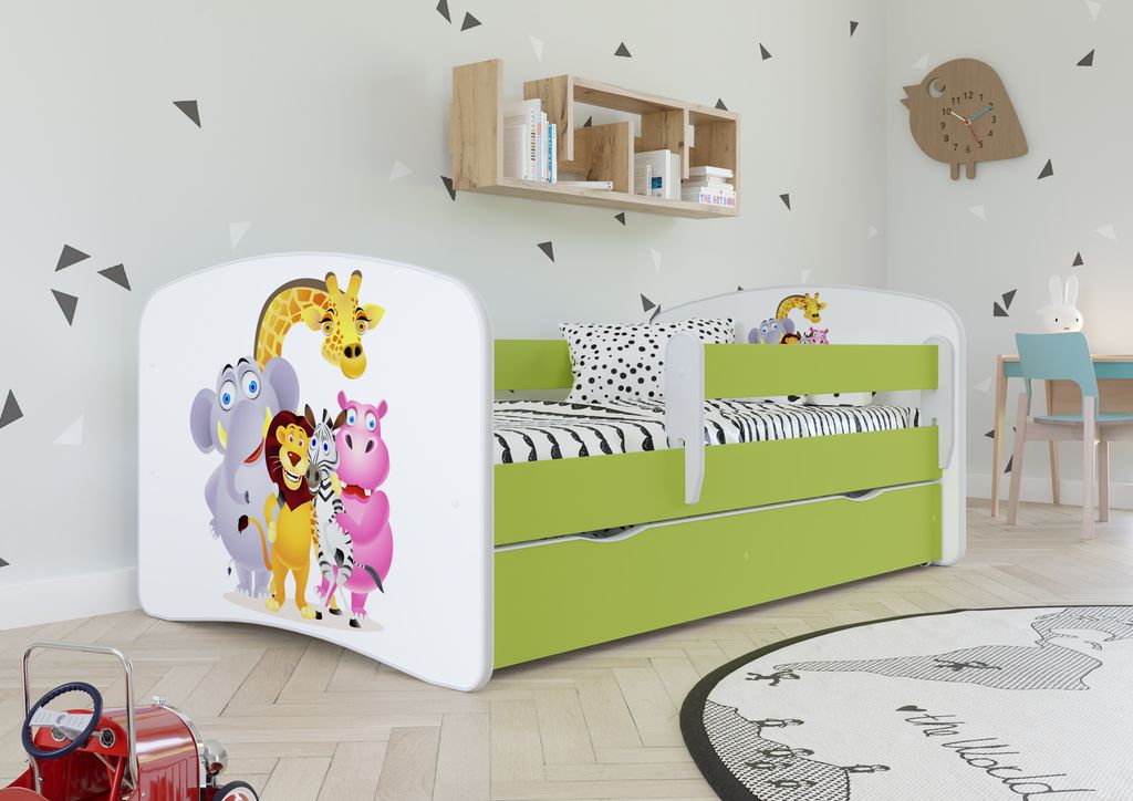 Kinderbett Jugendbett 80x180 cm Grün mit Matratze Rausfallschutz Schublade und Lattenrost Kinderbetten für Mädchen und Junge - Zoo