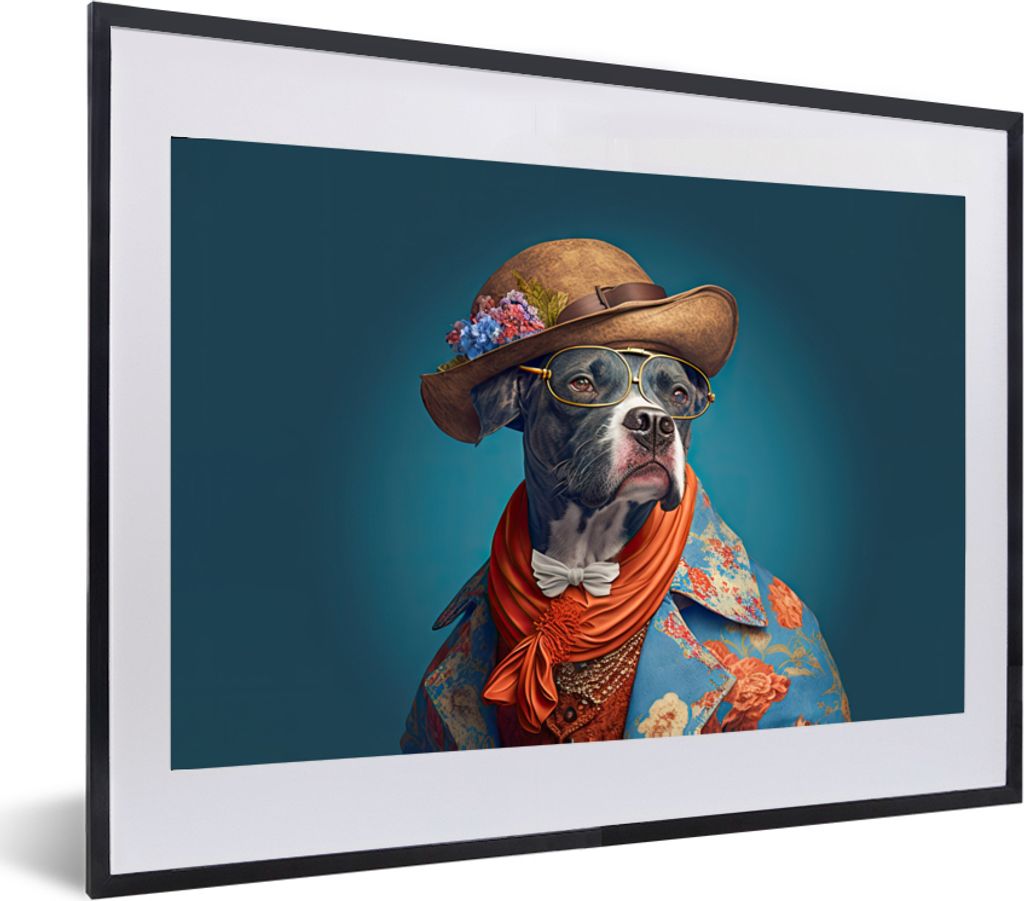 MuchoWow Gerahmtes Poster Hund - Jacke - Blumen - Hut - Blau 60x40 cm - Poster mit Schwarzem Bilderrahmen Wandposter Rahmen Foto Bilder - Schlafz...