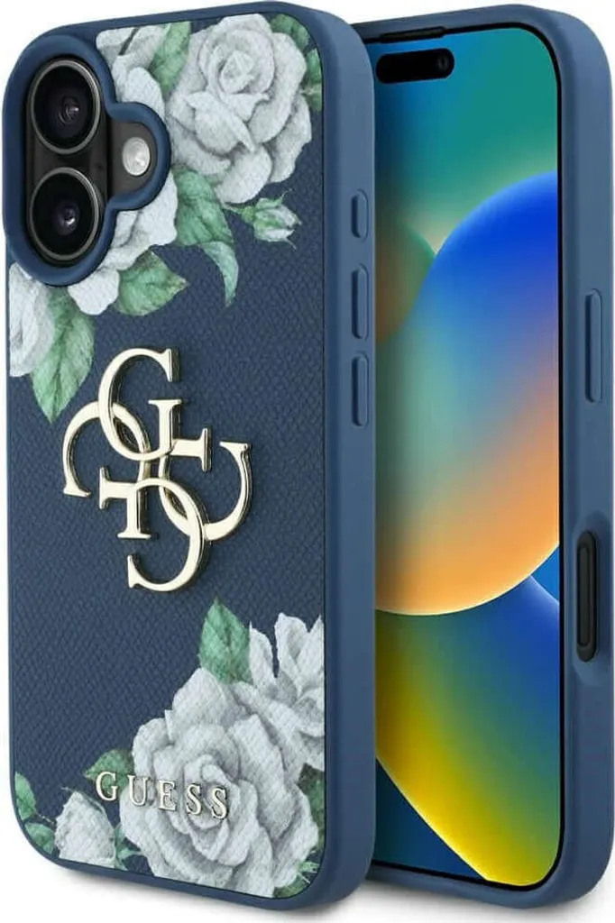 Guess Grained Roses Case for iPhone 16 - Blue Elegance 4G