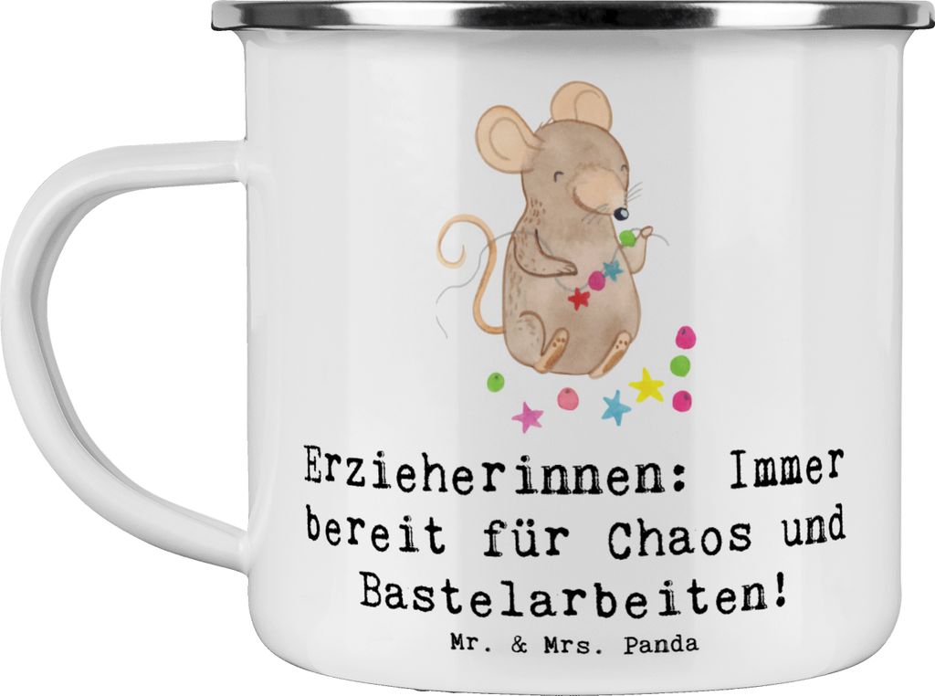 Mr. & Mrs. Panda Emaille Tasse Erzieherin Chaos - Weiß - Geschenk, Fürsorge, Teetasse, Kindergarten, Becher, Berufsgestaltung, Kita, Geschenke mi...