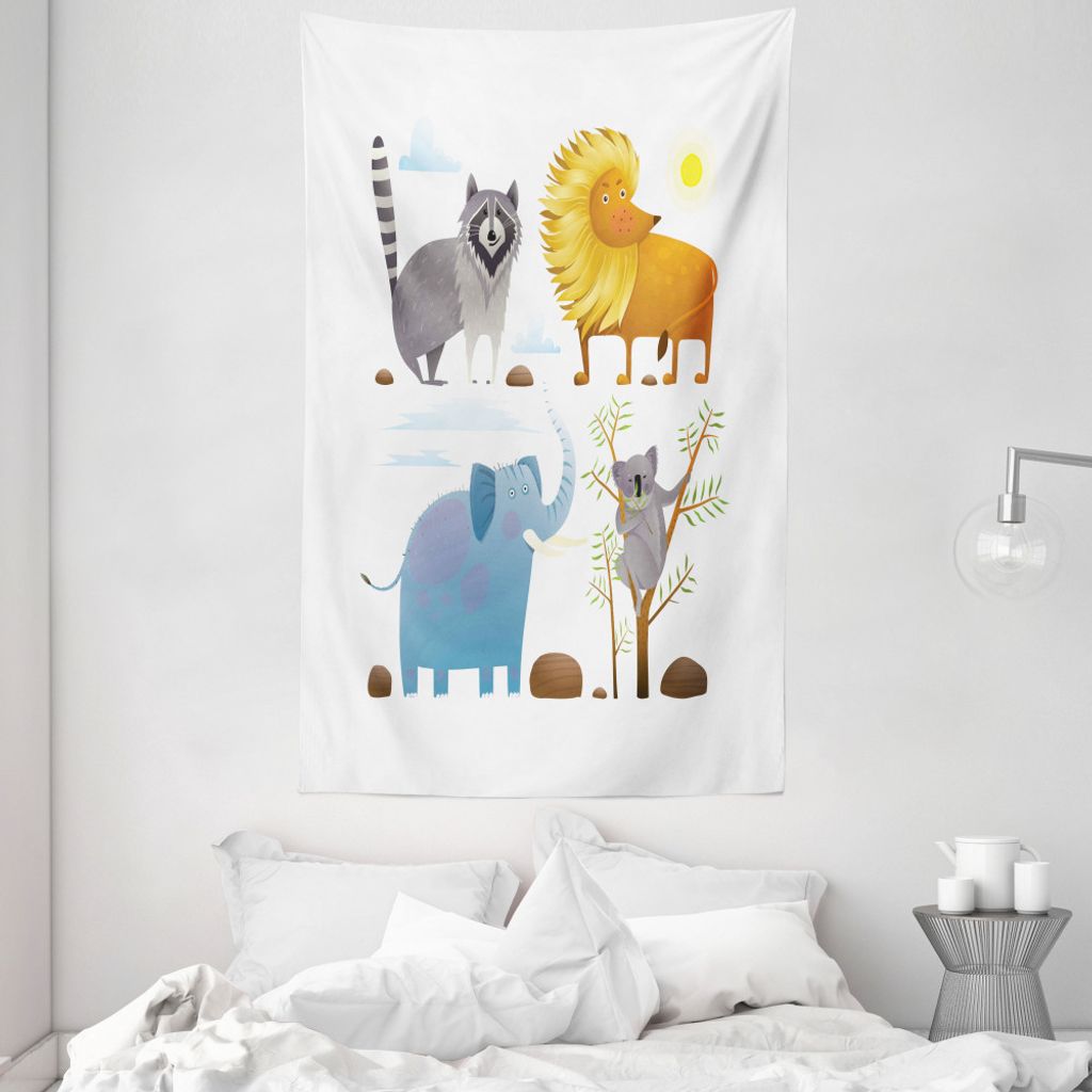 ABAKUHAUS Kindergarten Wandteppich und Tagesdecke, Löwe Elefant Waschbär aus Weiches Mikrofaser Stoff Waschbar ohne Verblassen Digitaldruck, 140 ...