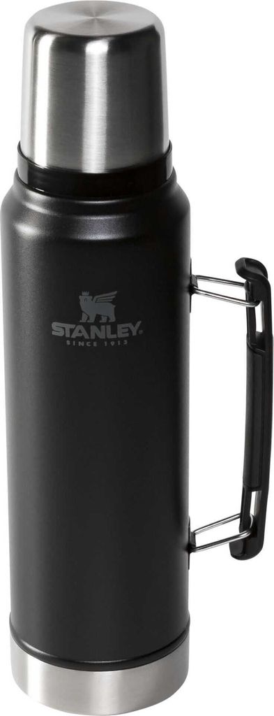 A black Stanley thermos with a silver lid and handle.