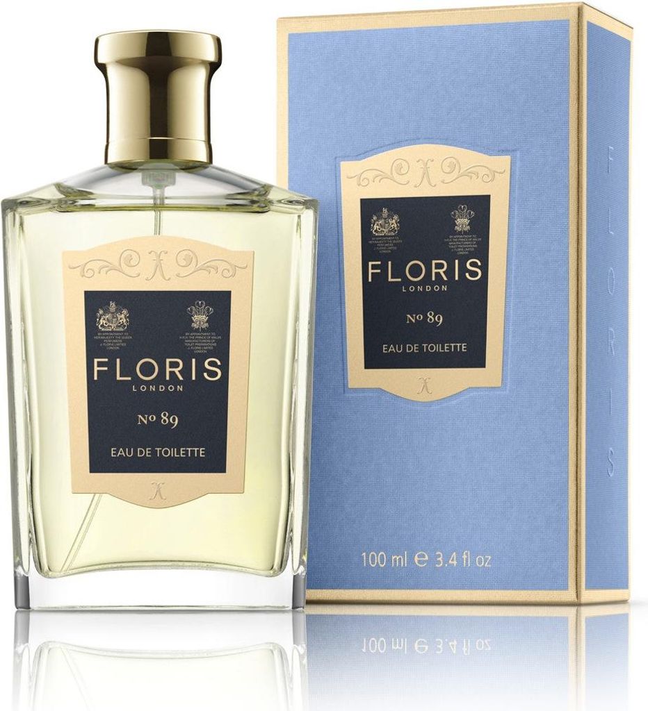 A bottle of Floris No. 89 Eau de Toilette and its packaging are displayed against a white background.