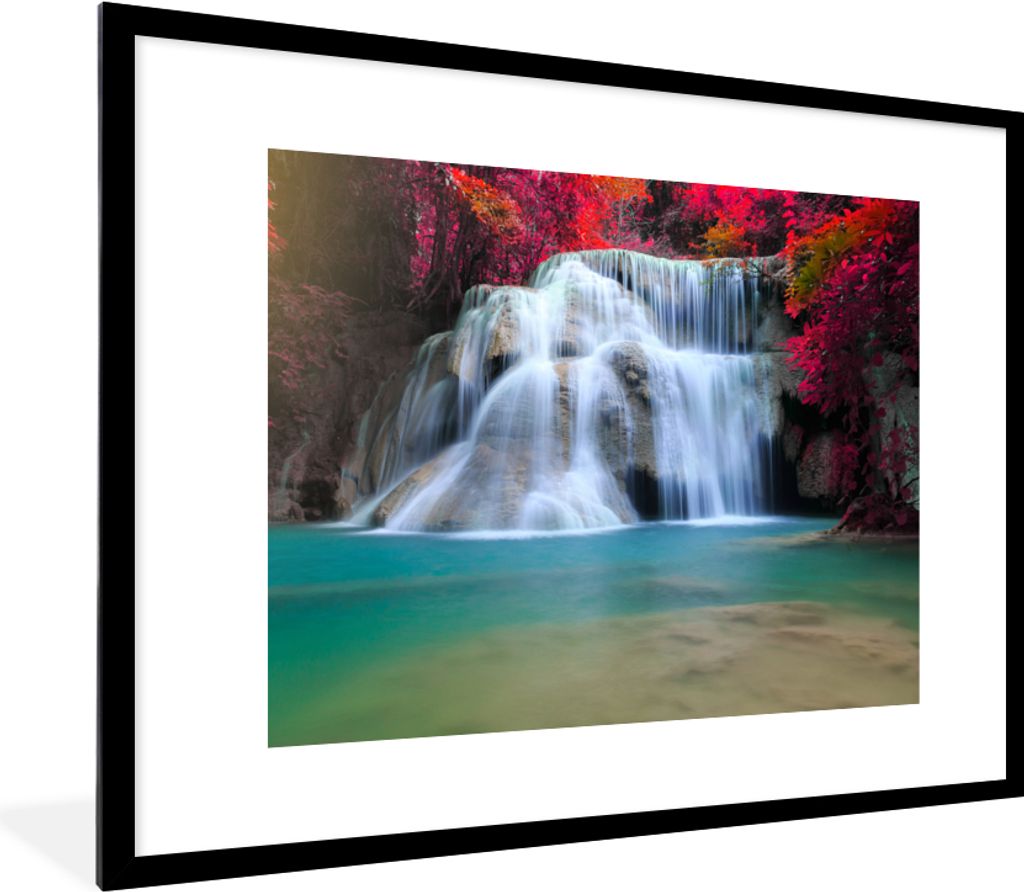 MuchoWow Gerahmtes Poster Wasserfall - Bäume - Rot - Landschaft - Natur 80x60 cm - Poster mit Schwarzem Bilderrahmen Wandposter Rahmen Foto Bild...