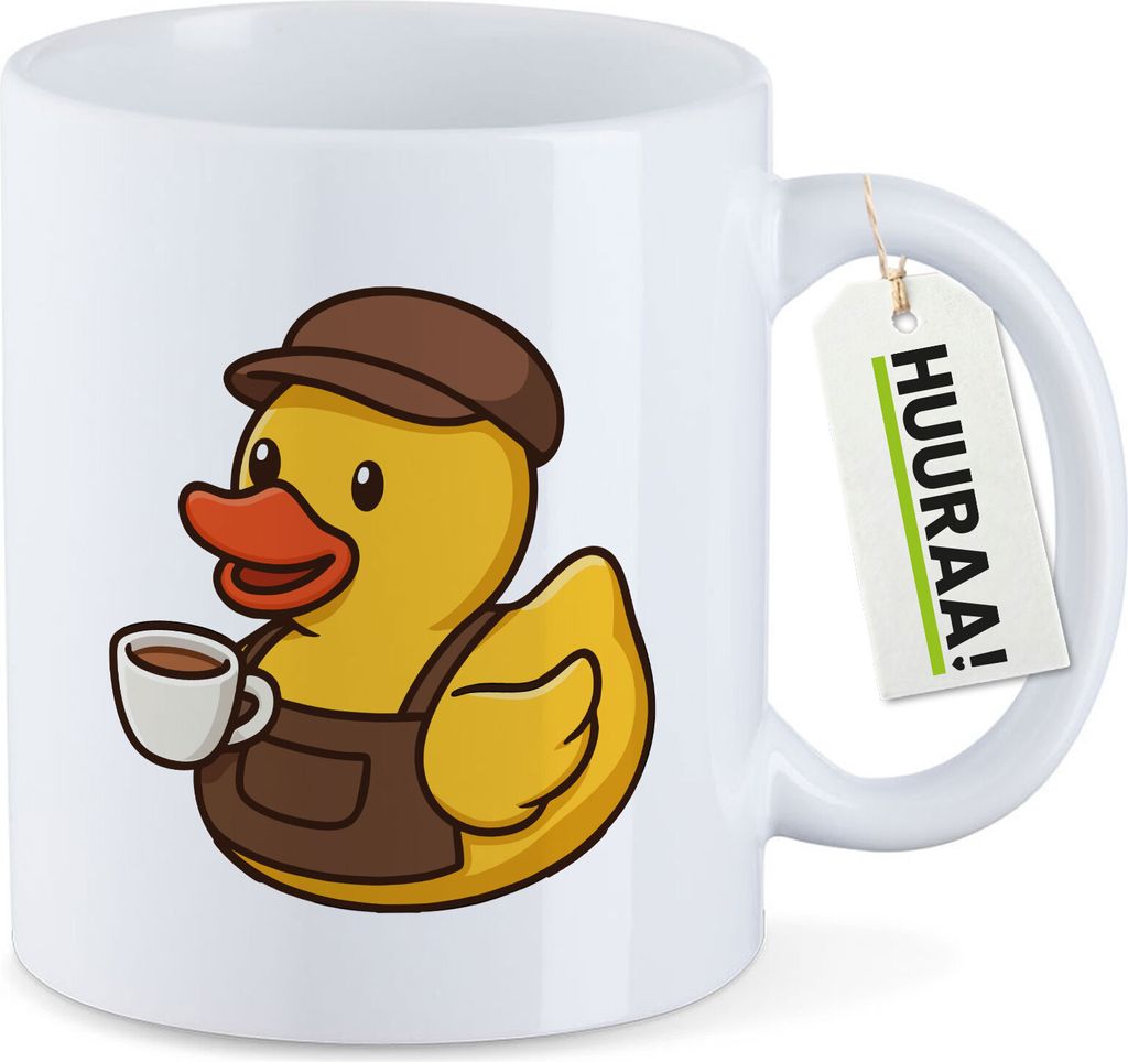 Huuraa Kaffeetasse Quietscheente Barista Gummiente Barkeeper 330ml Weiß Keramik Kaffeebecher Geschenkidee