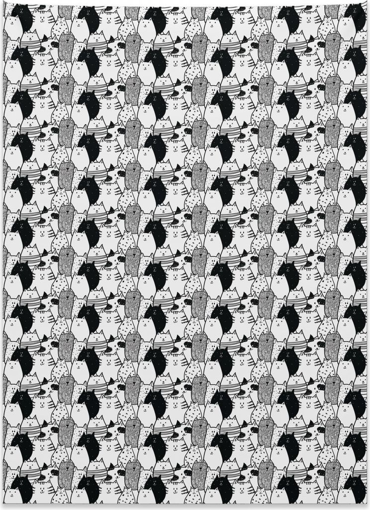 Abakuhaus Katze Wandteppich, Nette Gekritzel-Charaktere aus Weiches Mikrofaser Stoff Kein Verblassen Klare Farben Waschbar, 110 x 150 cm, Weiß Sch...