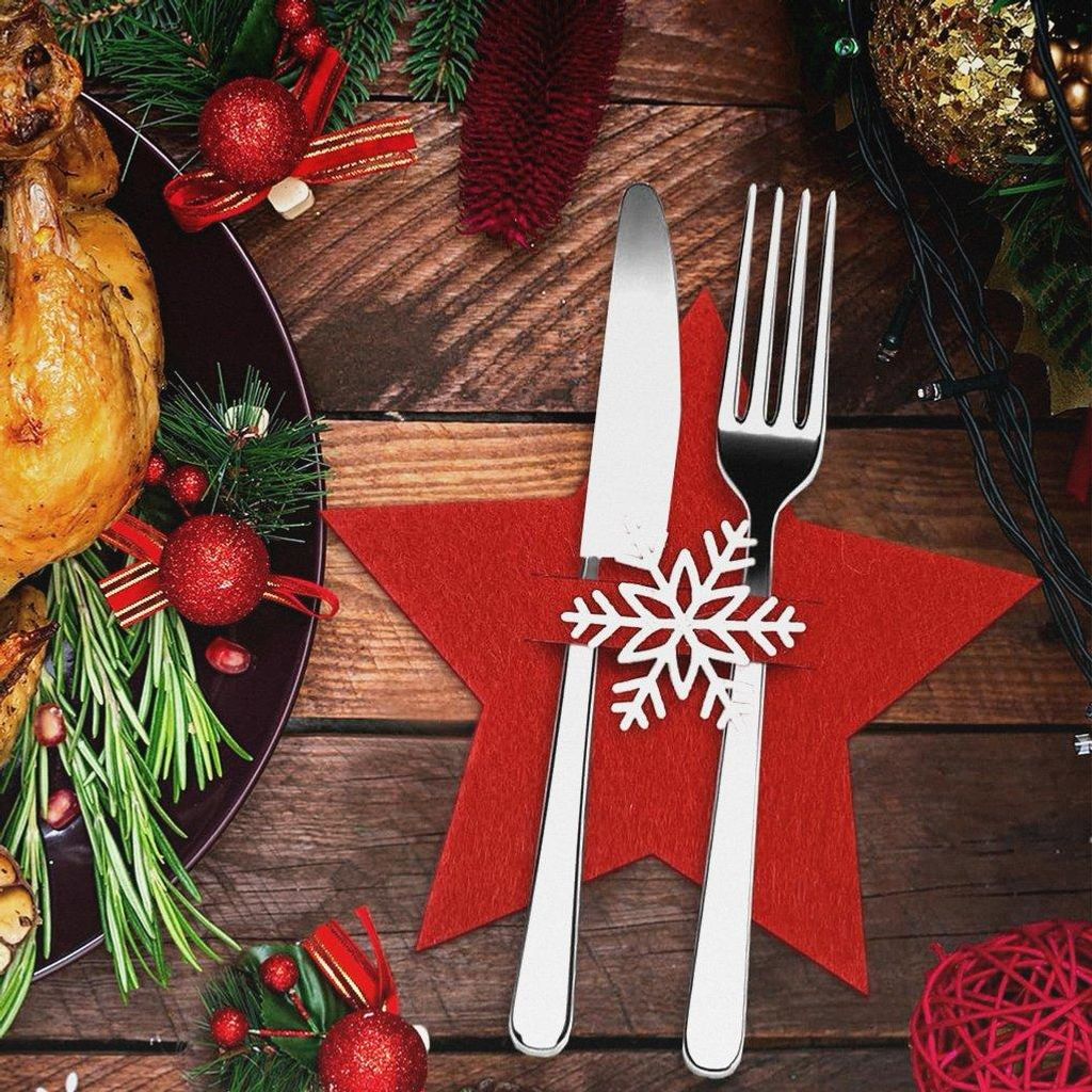 Besteckhalter Weihnachten Filz, 12 Stück Bestecktasche Rot Stern Besteckbeutel Tischdekoration, Weihnachts Schneeflocken Messer Gabeln Löffel Ges...