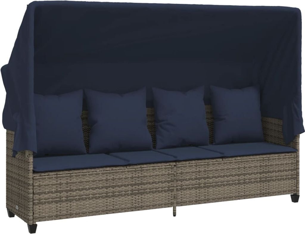 vidaXL Sonnenliege mit Dach und Kissen Grau Poly Rattan